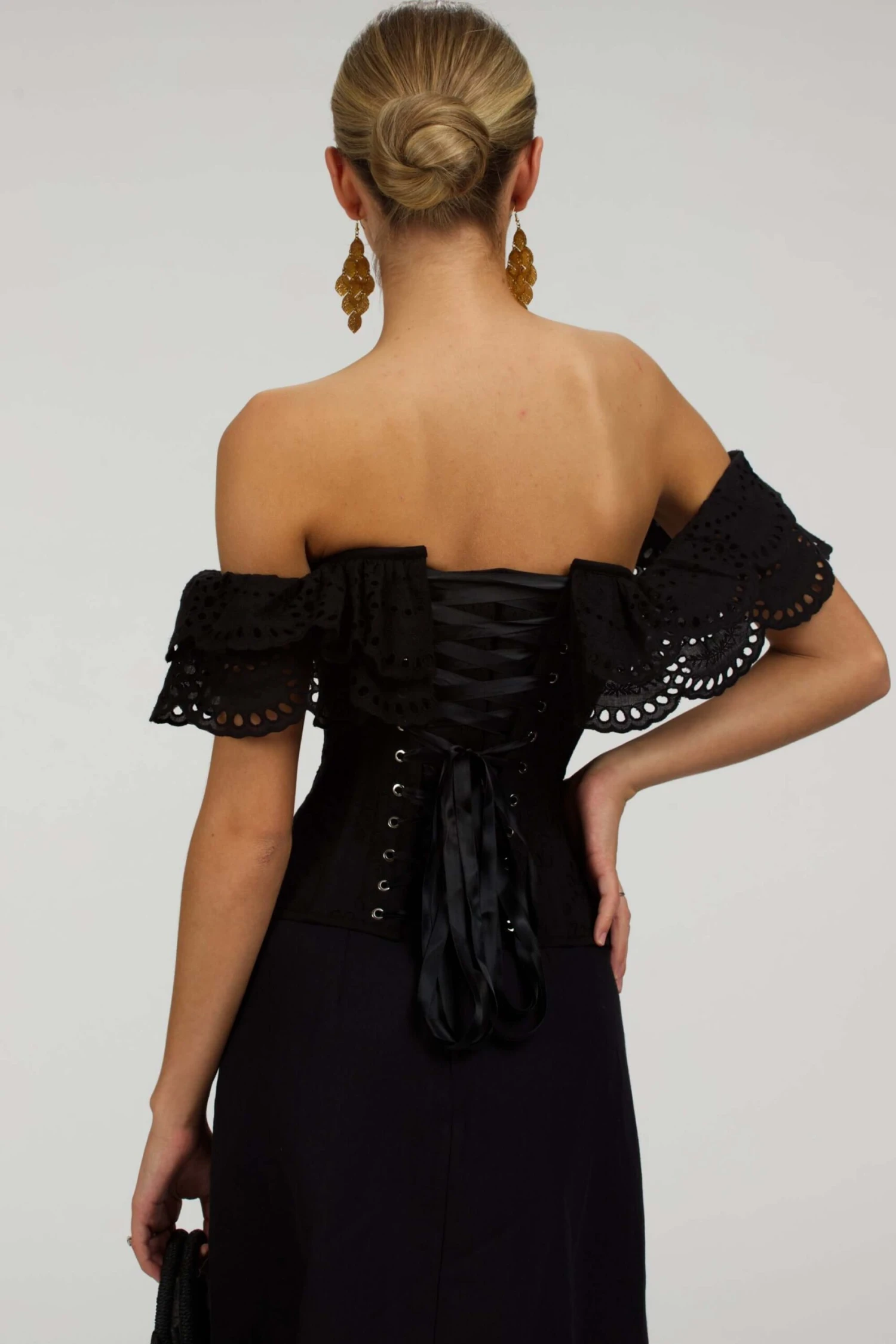 Alyssum Black Broderie Anglaise Cotton Corset Top With Double Frill Sleeves 8 Alyssum Black Broderie Anglaise Cotton Corset Top With Double Frill Sleeves - Image 8