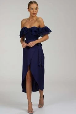 Alyssum Summer Navy Broderie Anglaise Cotton Corset Top With Double Frill Sleeves