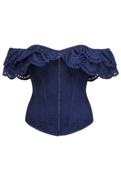 Alyssum Summer Navy Broderie Anglaise Cotton Corset Top With Double Frill Sleeves -Corset Story SC 0371