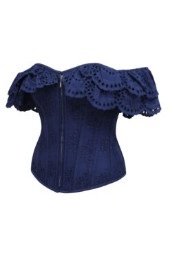 Alyssum Summer Navy Broderie Anglaise Cotton Corset Top With Double Frill Sleeves -Corset Story SC 0373