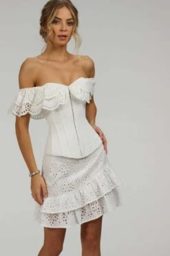 Alyssum White Broderie Anglaise Cotton Corset Top With Double Frill Sleeves