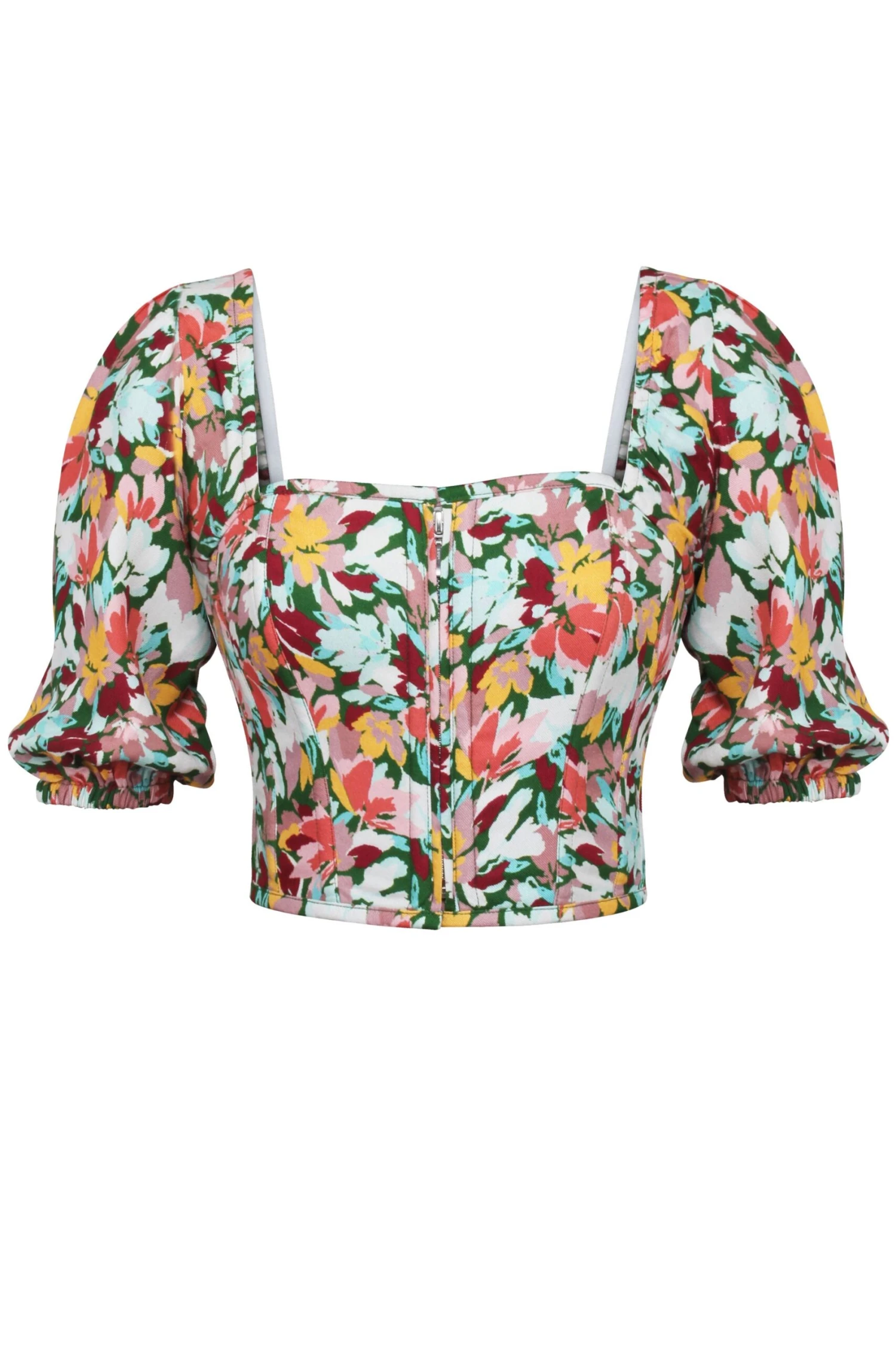 Fern Floral Explosion Viscose Cropped Corset With Puff Sleeves 1 Fern Floral Explosion Viscose Cropped Corset With Puff Sleeves