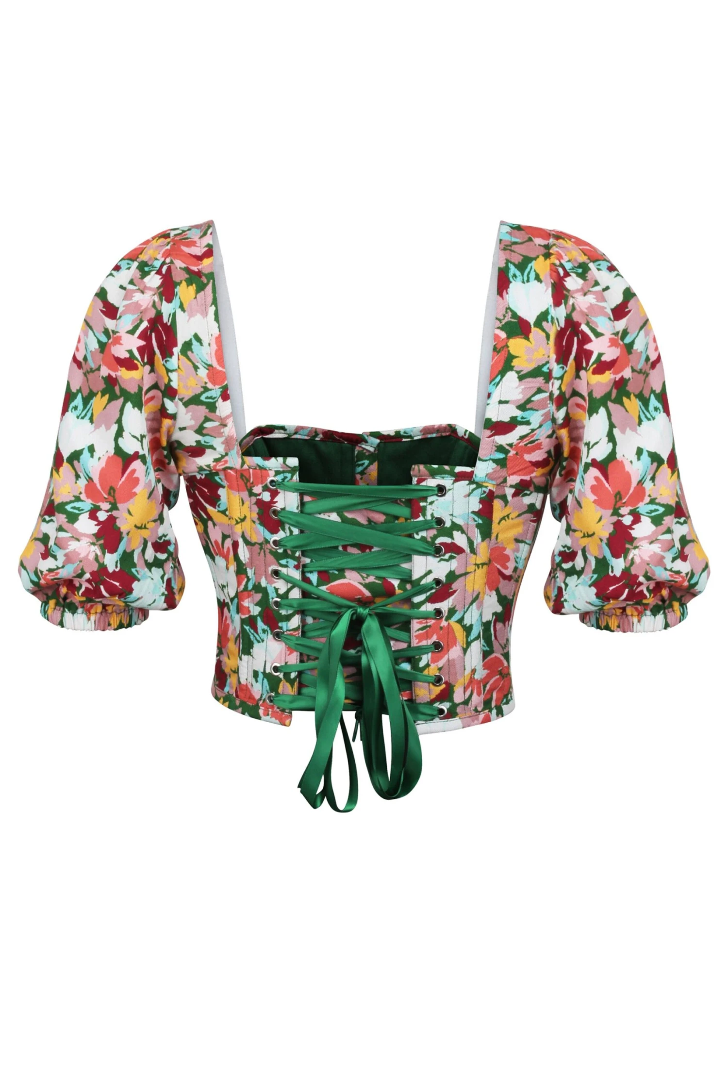 Fern Floral Explosion Viscose Cropped Corset With Puff Sleeves 2 Fern Floral Explosion Viscose Cropped Corset With Puff Sleeves - Image 2