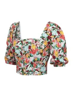 Fern Floral Explosion Viscose Cropped Corset With Puff Sleeves 5 Fern Floral Explosion Viscose Cropped Corset With Puff Sleeves -Corset Story SC 0483