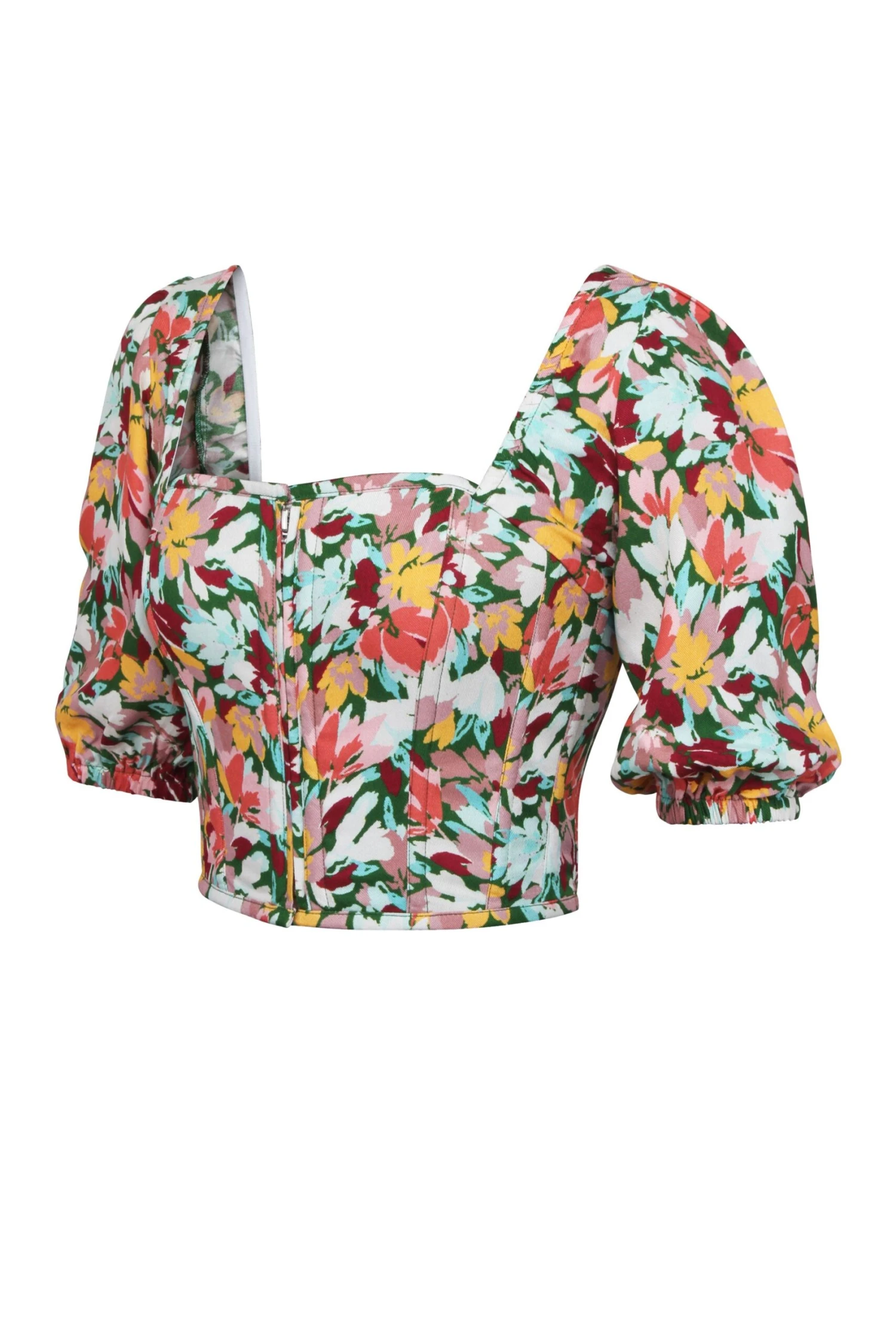 Fern Floral Explosion Viscose Cropped Corset With Puff Sleeves 3 Fern Floral Explosion Viscose Cropped Corset With Puff Sleeves - Image 3