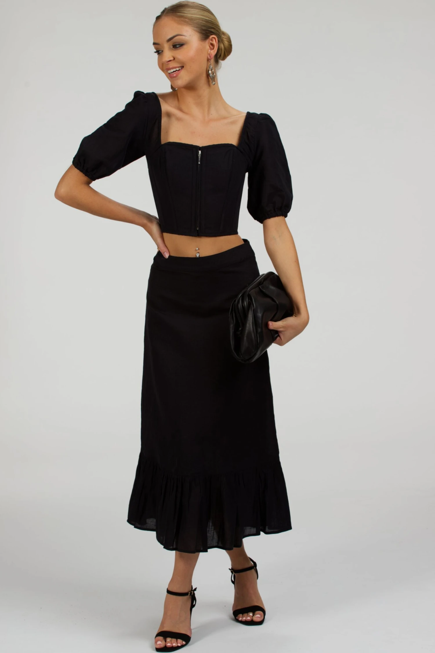 Fern Black Linen Cropped Corset With Puff Sleeves 1 Fern Black Linen Cropped Corset With Puff Sleeves