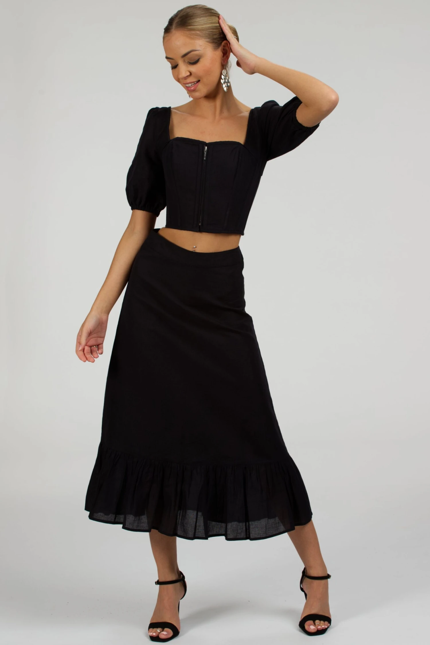 Fern Black Linen Cropped Corset With Puff Sleeves 3 Fern Black Linen Cropped Corset With Puff Sleeves - Image 3