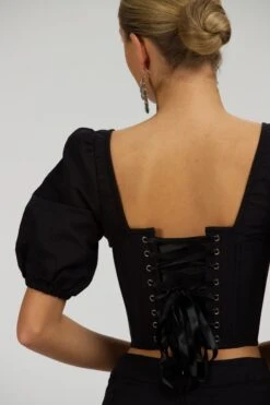 Fern Black Linen Cropped Corset With Puff Sleeves 15 Fern Black Linen Cropped Corset With Puff Sleeves -Corset Story SC 049 website 5
