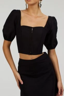 Fern Black Linen Cropped Corset With Puff Sleeves 14 Fern Black Linen Cropped Corset With Puff Sleeves -Corset Story SC 049 website 7