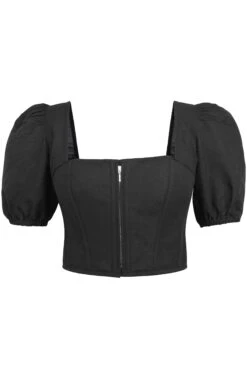 Fern Black Linen Cropped Corset With Puff Sleeves 19 Fern Black Linen Cropped Corset With Puff Sleeves -Corset Story SC 0491