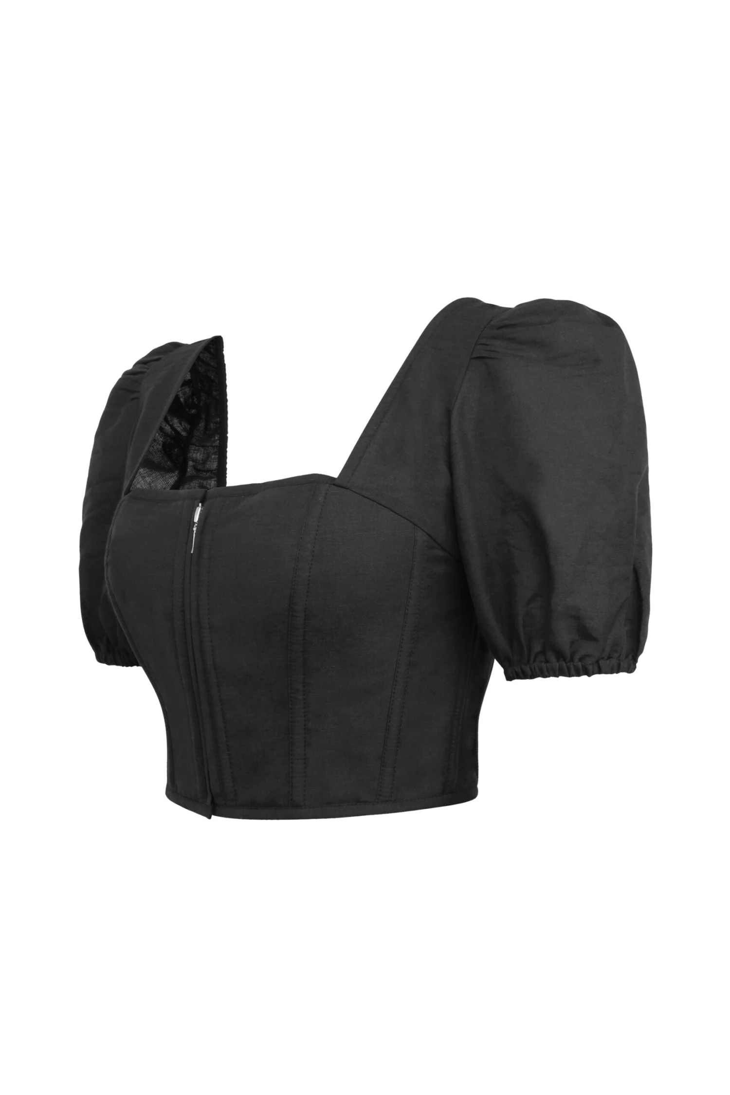 Fern Black Linen Cropped Corset With Puff Sleeves 11 Fern Black Linen Cropped Corset With Puff Sleeves - Image 11