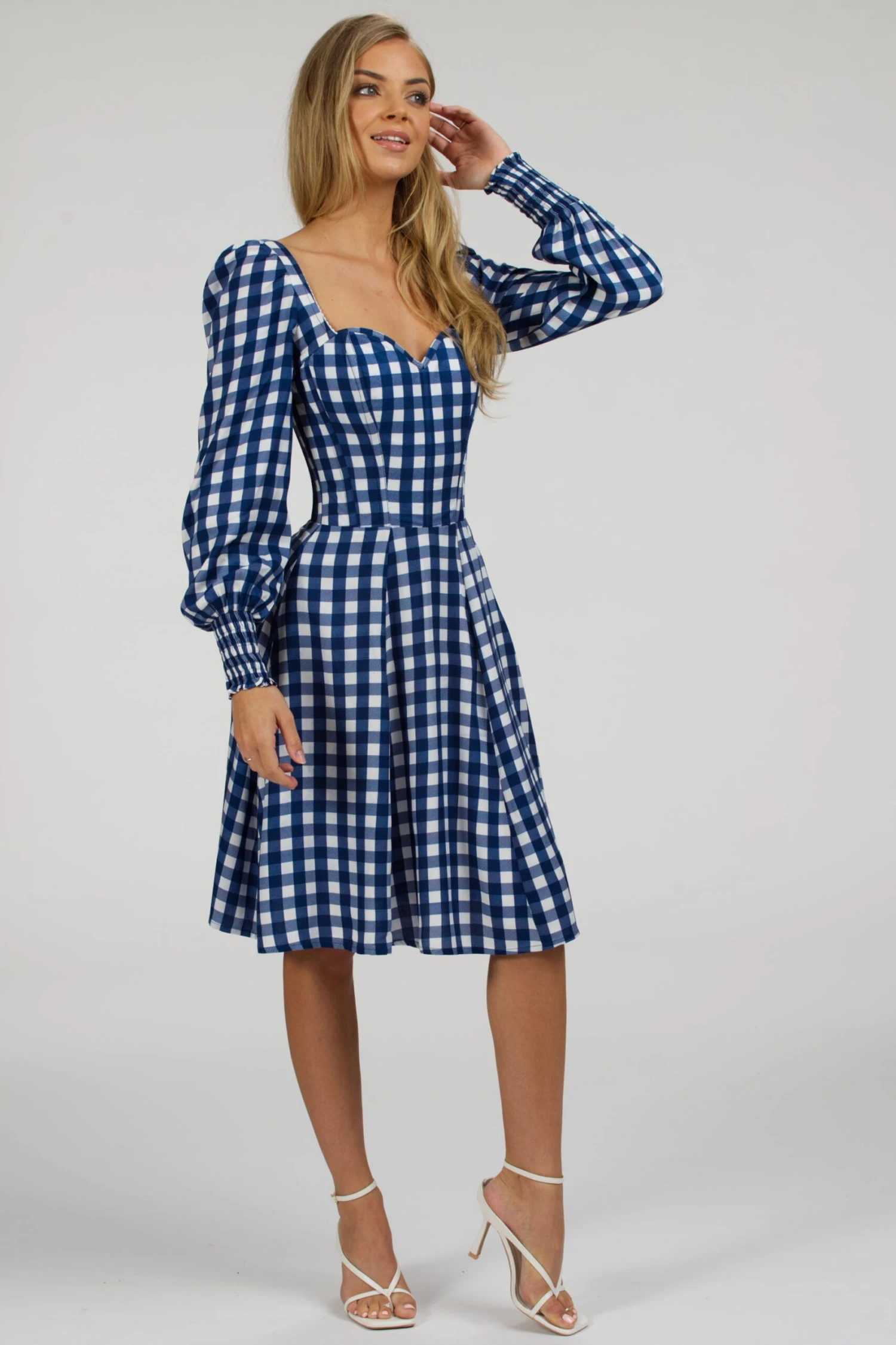 Sunflower Gingham Blue Viscose Corset Dress With Long Sleeves 1 Sunflower Gingham Blue Viscose Corset Dress With Long Sleeves