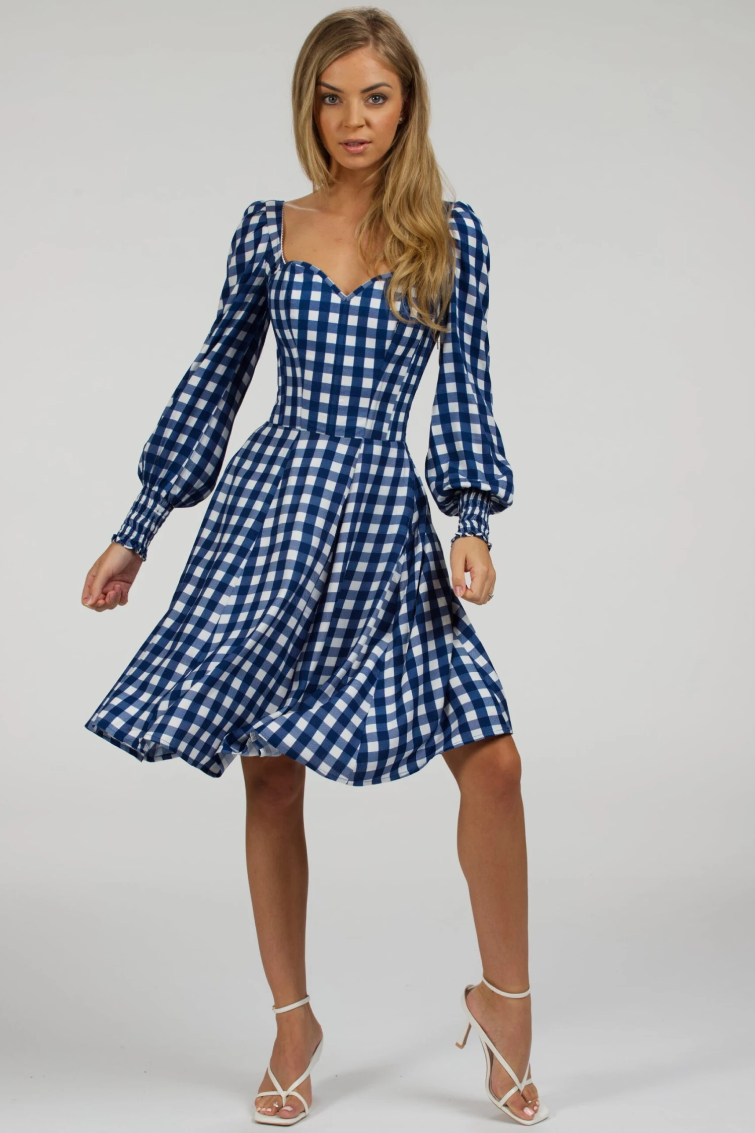 Sunflower Gingham Blue Viscose Corset Dress With Long Sleeves 6 Sunflower Gingham Blue Viscose Corset Dress With Long Sleeves - Image 6
