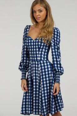 Sunflower Gingham Blue Viscose Corset Dress With Long Sleeves 14 Sunflower Gingham Blue Viscose Corset Dress With Long Sleeves -Corset Story SC 056 website 3