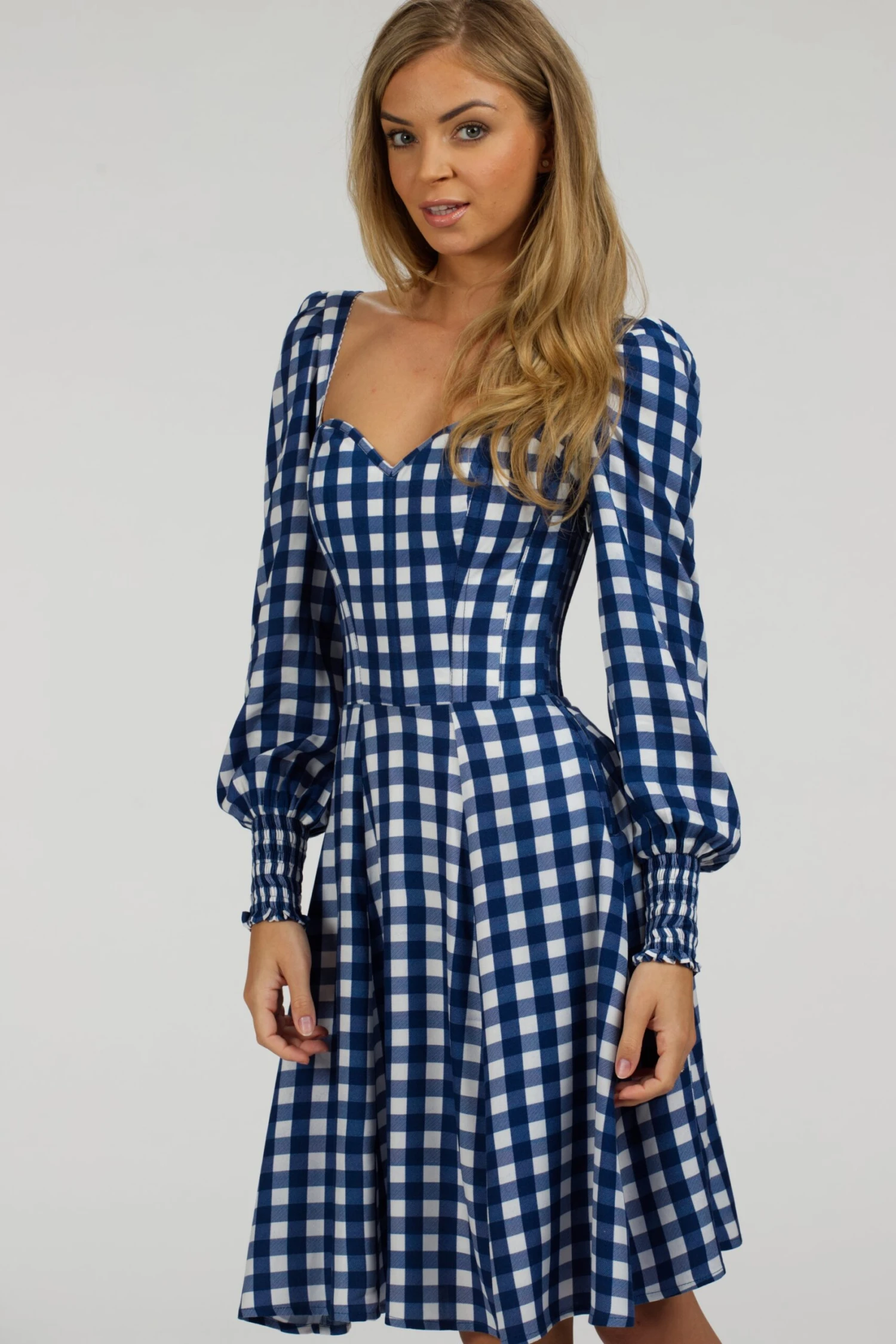 Sunflower Gingham Blue Viscose Corset Dress With Long Sleeves 5 Sunflower Gingham Blue Viscose Corset Dress With Long Sleeves - Image 5