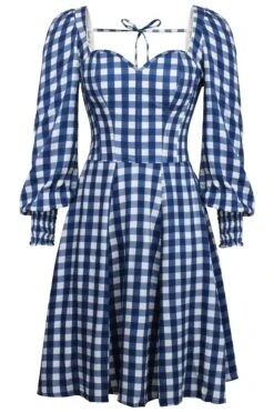 Sunflower Gingham Blue Viscose Corset Dress With Long Sleeves 17 Sunflower Gingham Blue Viscose Corset Dress With Long Sleeves -Corset Story SC 0561