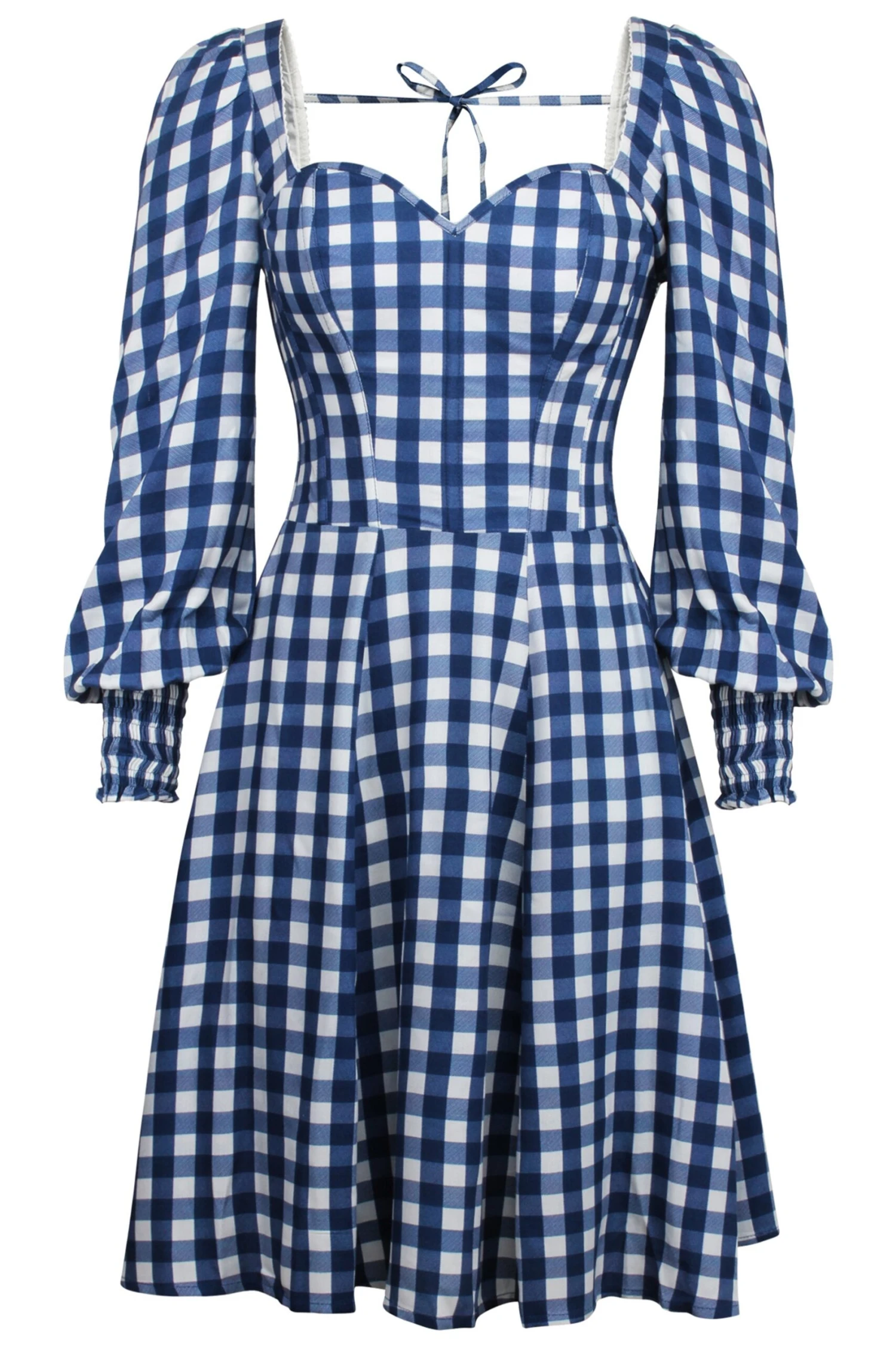 Sunflower Gingham Blue Viscose Corset Dress With Long Sleeves 8 Sunflower Gingham Blue Viscose Corset Dress With Long Sleeves - Image 8