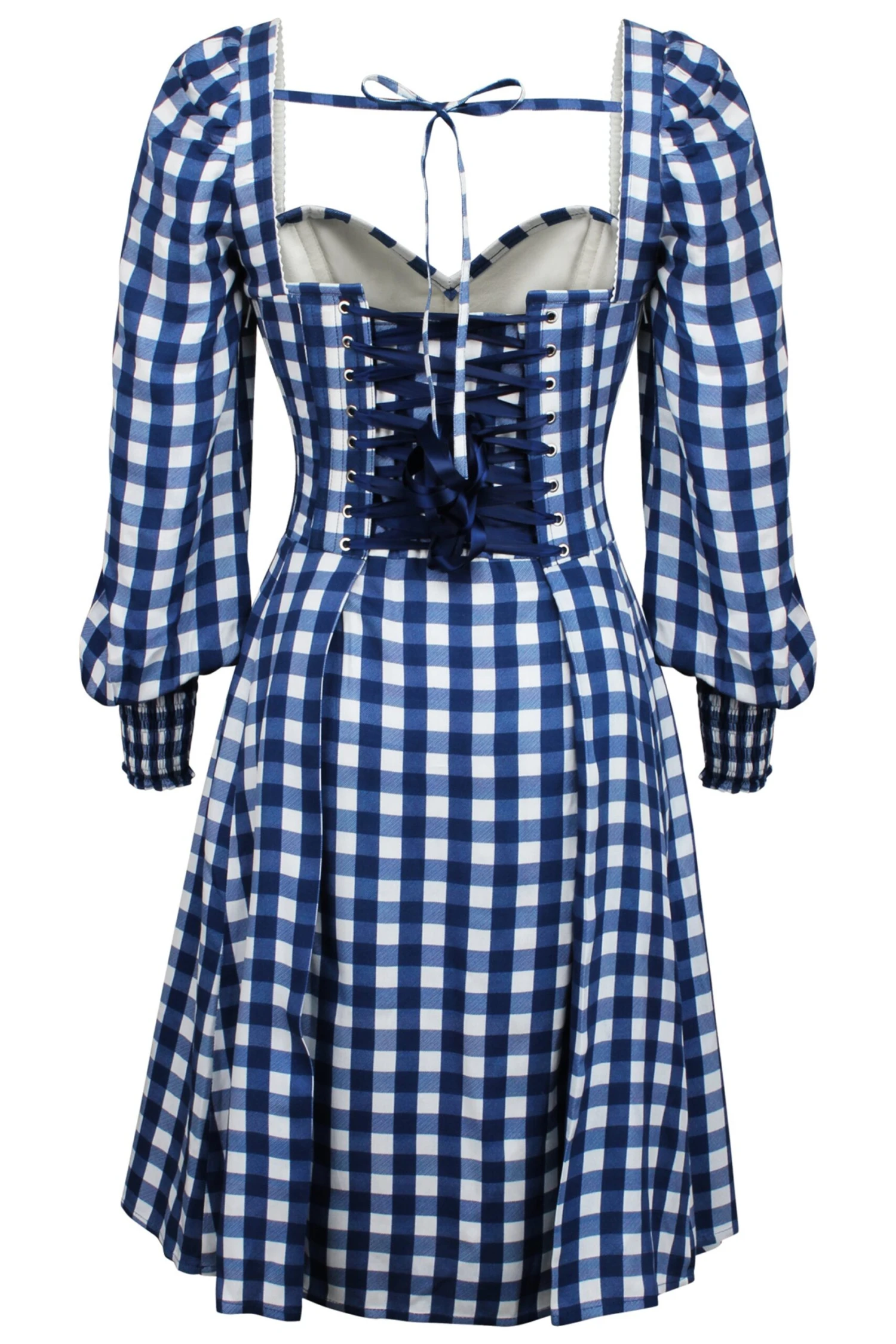 Sunflower Gingham Blue Viscose Corset Dress With Long Sleeves 9 Sunflower Gingham Blue Viscose Corset Dress With Long Sleeves - Image 9