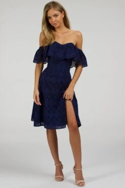 Peony Summer Navy Broderie Anglaise Cotton Corset Dress With Off The Shoulder Frill