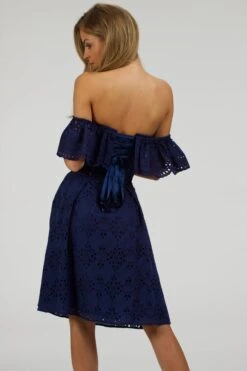 Peony Summer Navy Broderie Anglaise Cotton Corset Dress With Off The Shoulder Frill -Corset Story SC 062 website 5