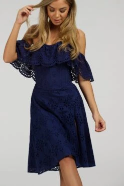 Peony Summer Navy Broderie Anglaise Cotton Corset Dress With Off The Shoulder Frill -Corset Story SC 062 website 7