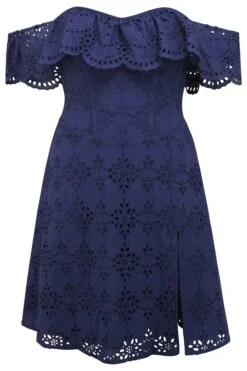 Peony Summer Navy Broderie Anglaise Cotton Corset Dress With Off The Shoulder Frill -Corset Story SC 0621