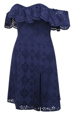 Peony Summer Navy Broderie Anglaise Cotton Corset Dress With Off The Shoulder Frill -Corset Story SC 0623