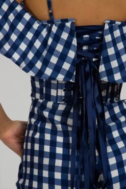 Ivy Gingham Blue Viscose Corset Playsuit With Off The Shoulder Sleeves -Corset Story SC 066 website 10