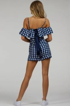 Ivy Gingham Blue Viscose Corset Playsuit With Off The Shoulder Sleeves -Corset Story SC 066 website 3