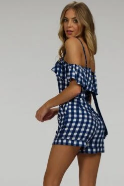 Ivy Gingham Blue Viscose Corset Playsuit With Off The Shoulder Sleeves -Corset Story SC 066 website 5