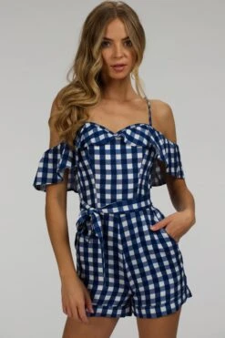 Ivy Gingham Blue Viscose Corset Playsuit With Off The Shoulder Sleeves -Corset Story SC 066 website 8