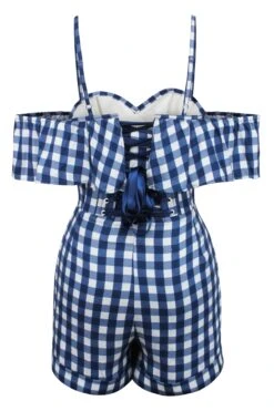 Ivy Gingham Blue Viscose Corset Playsuit With Off The Shoulder Sleeves -Corset Story SC 0662