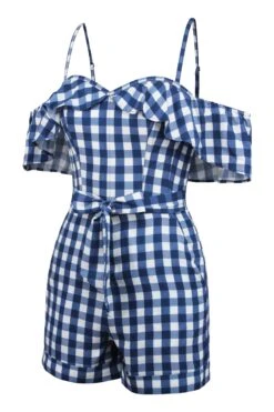 Ivy Gingham Blue Viscose Corset Playsuit With Off The Shoulder Sleeves -Corset Story SC 0663