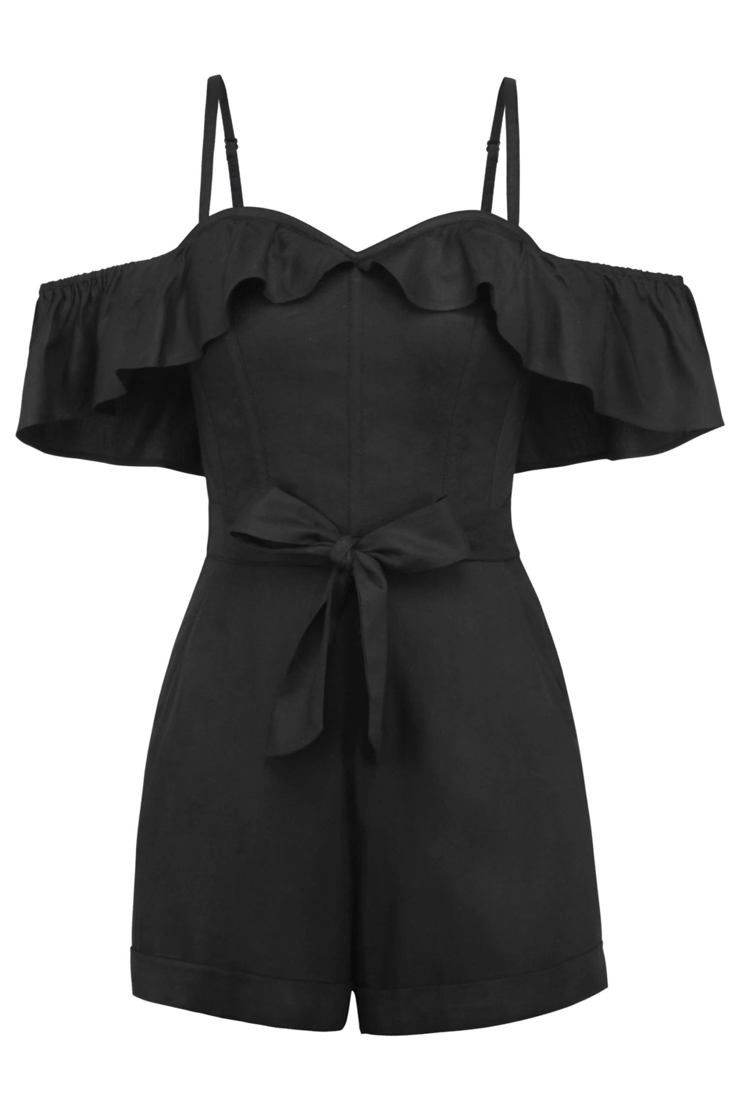 Ivy Black Viscose Corset Playsuit With Off The Shoulder Sleeves 1 Ivy Black Viscose Corset Playsuit With Off The Shoulder Sleeves