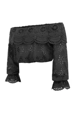 Rosalie Black Cotton Cropped Bardot Neckline Top -Corset Story SC 0743