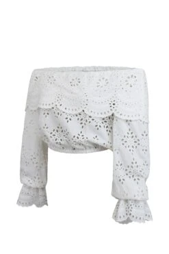 Rosalie White Broderie Anglaise Cotton Cropped Bardot Neckline Top -Corset Story SC 0763