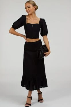 Olive Black Linen Blend Midi Skirt With Ruffle Hem -Corset Story SC 099 website 14