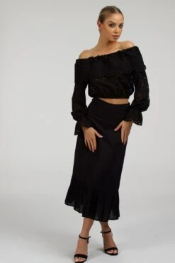 Olive Black Linen Blend Midi Skirt With Ruffle Hem -Corset Story SC 099 website 23