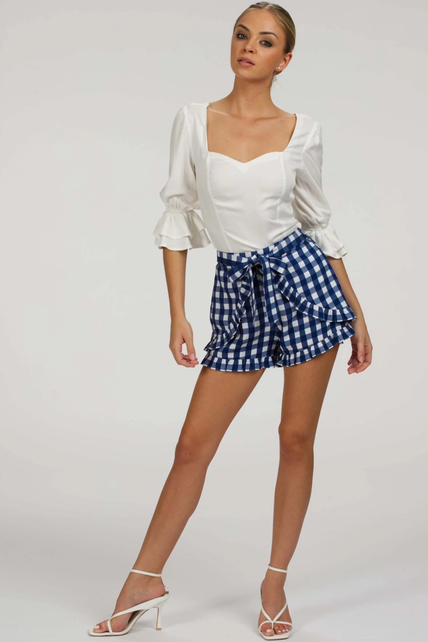 Daisy Gingham Blue Viscose Shorts With Frill Edge And Self Tie Belt 3 Daisy Gingham Blue Viscose Shorts With Frill Edge And Self Tie Belt - Image 3