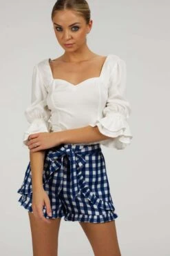 Daisy Gingham Blue Viscose Shorts With Frill Edge And Self Tie Belt 18 Daisy Gingham Blue Viscose Shorts With Frill Edge And Self Tie Belt -Corset Story SC 105 website 5