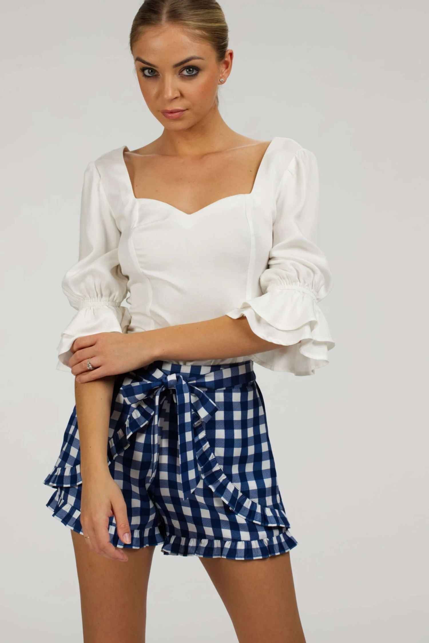 Daisy Gingham Blue Viscose Shorts With Frill Edge And Self Tie Belt 9 Daisy Gingham Blue Viscose Shorts With Frill Edge And Self Tie Belt - Image 9