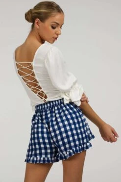 Daisy Gingham Blue Viscose Shorts With Frill Edge And Self Tie Belt 13 Daisy Gingham Blue Viscose Shorts With Frill Edge And Self Tie Belt -Corset Story SC 105 website 6