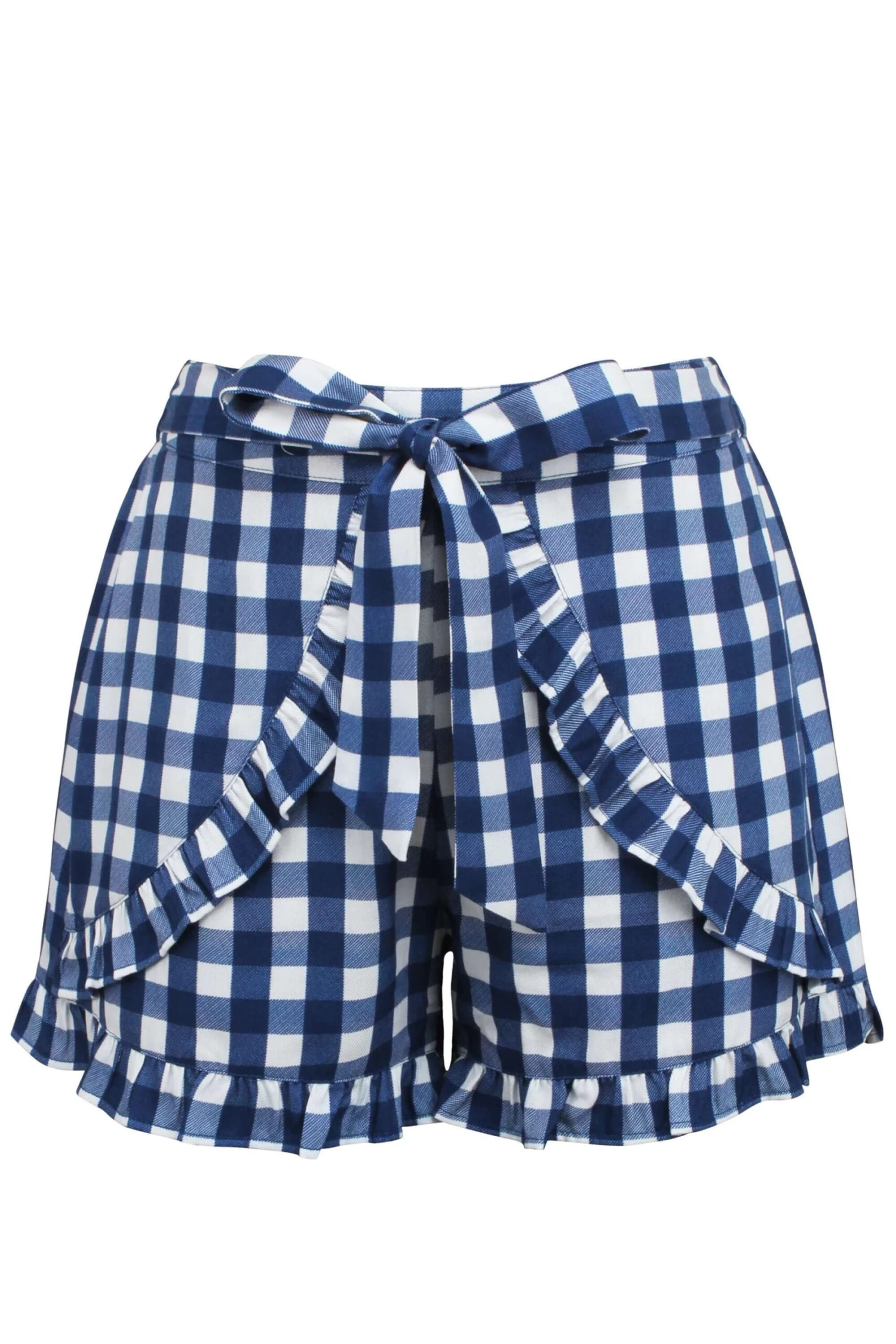 Daisy Gingham Blue Viscose Shorts With Frill Edge And Self Tie Belt 1 Daisy Gingham Blue Viscose Shorts With Frill Edge And Self Tie Belt