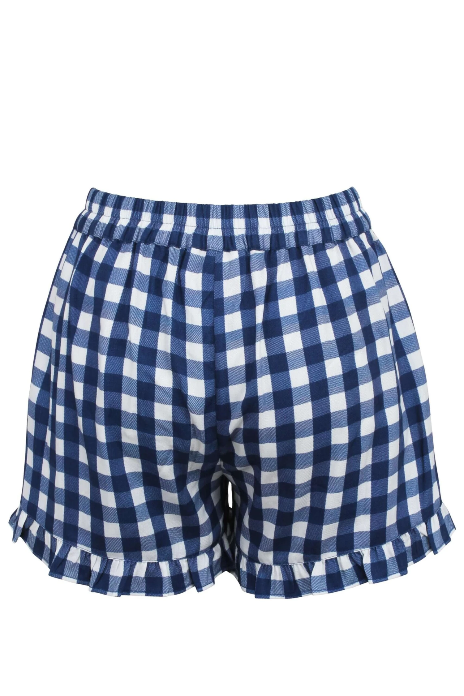 Daisy Gingham Blue Viscose Shorts With Frill Edge And Self Tie Belt 2 Daisy Gingham Blue Viscose Shorts With Frill Edge And Self Tie Belt - Image 2