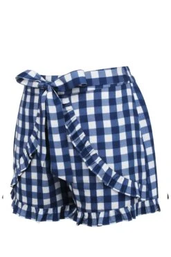 Daisy Gingham Blue Viscose Shorts With Frill Edge And Self Tie Belt 14 Daisy Gingham Blue Viscose Shorts With Frill Edge And Self Tie Belt -Corset Story SC 1053