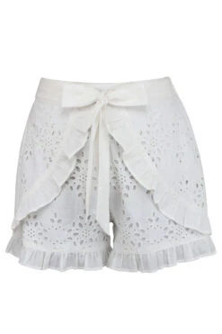 Daisy White Broderie Anglaise Cotton Shorts With Frill Edge And Self Tie Belt