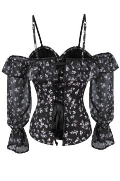 Long Sleeve Dark Ditsy Floral Corset Top With Cold Shoulder 5 Long Sleeve Dark Ditsy Floral Corset Top With Cold Shoulder -Corset Story TYS5083