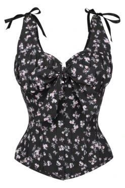 Dark Ditsy Floral Corset Top With Bow Detail