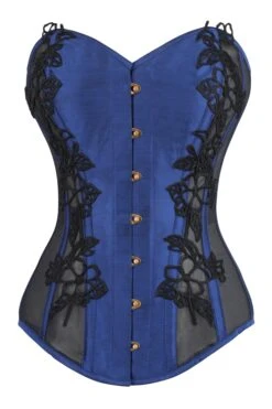 Navy Blue Longline Overbust Corset With Black Lace And Mesh Panels