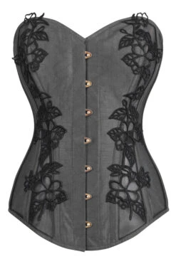 Black Longline Overbust Corset With Black Lace And Mesh Panels